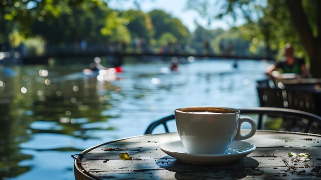 Photo a cup of coffee with a measuring cup on a table next to a lake