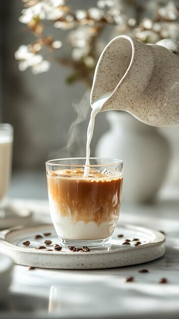 a cup of coffee with milk being poured into it