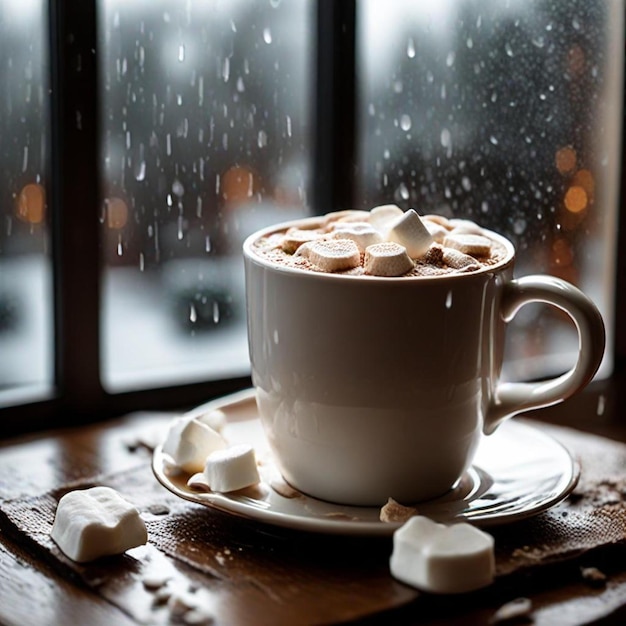 a cup of coffee with milk and chocolate on a table