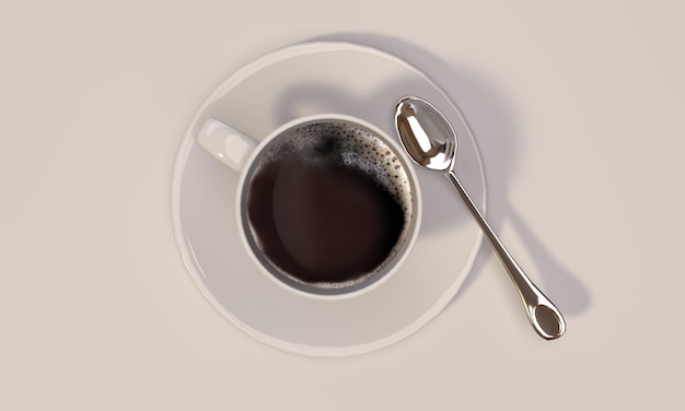 Cup of coffee with milk foam. Top view of a cup of coffee with metal spoon. Intense black coffee.