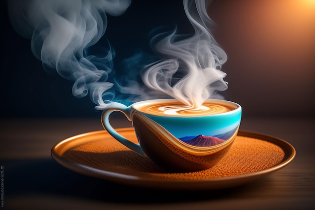 A cup of coffee with a mountain in the background