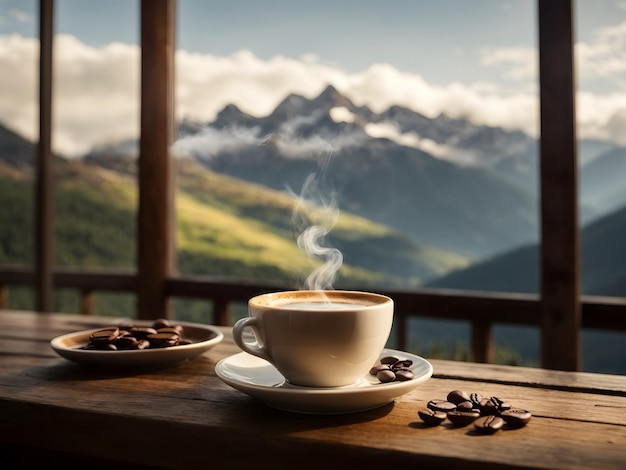 A cup of coffee with mountains background