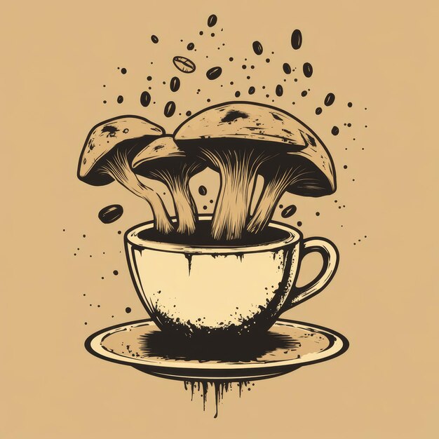 Photo cup of coffee with mushrooms vector illustration in vintage style