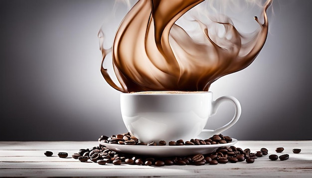 Cup of coffee with natural steam on a white wooden table