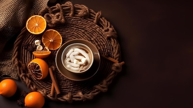 A cup of coffee with oranges and cinnamon sticks on a plate