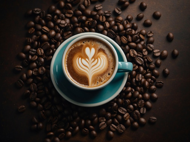 a cup of coffee with a pattern of a heart drawn on the top