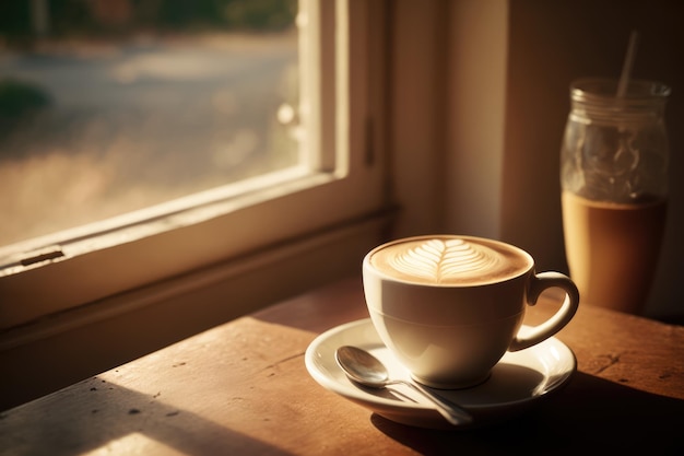 Cup of coffee with pattern and spoon on table by window created using generative ai technology