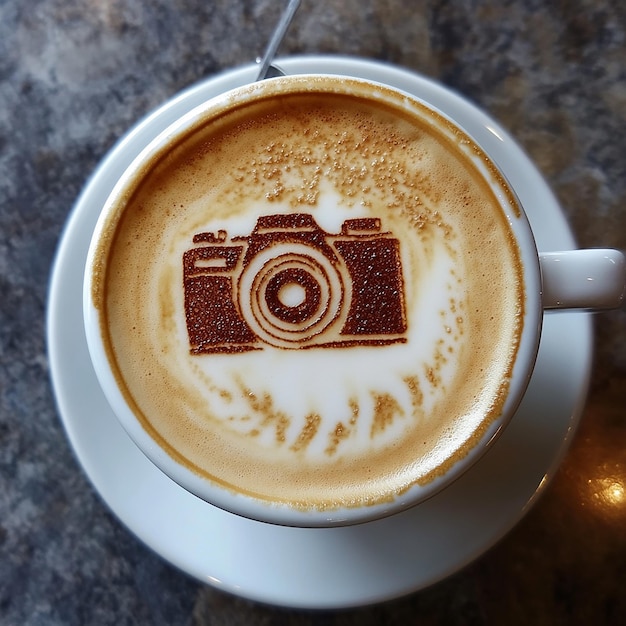 a cup of coffee with a picture of a camera on it