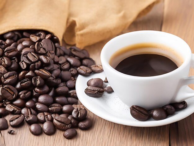 Cup of coffee with a pile of coffee beans generated by AI