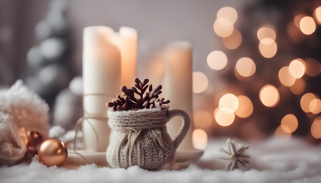 a cup of coffee with a pine cone and a candle in the background