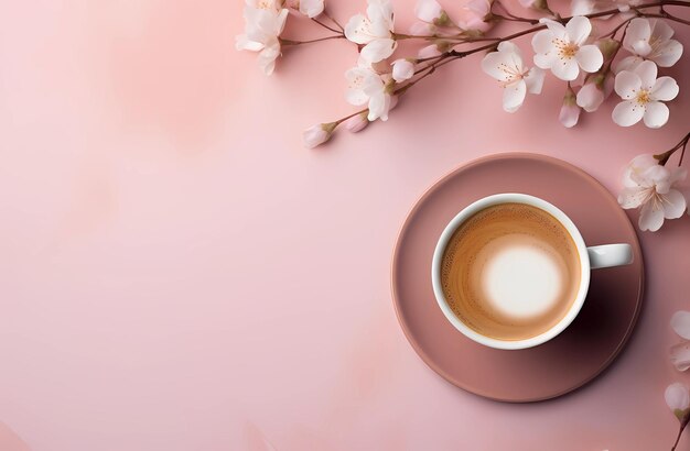 a cup of coffee with a pink background and a pink flower on the table