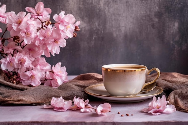 A cup of coffee with pink flowers on the table