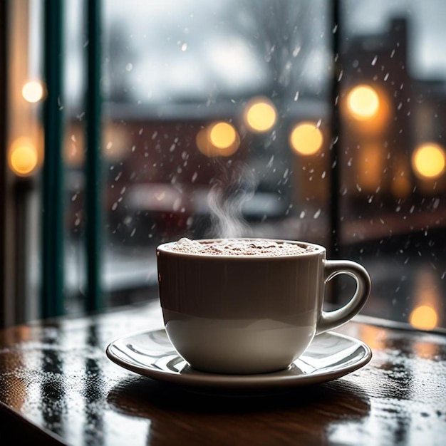 a cup of coffee with rain drops on a table