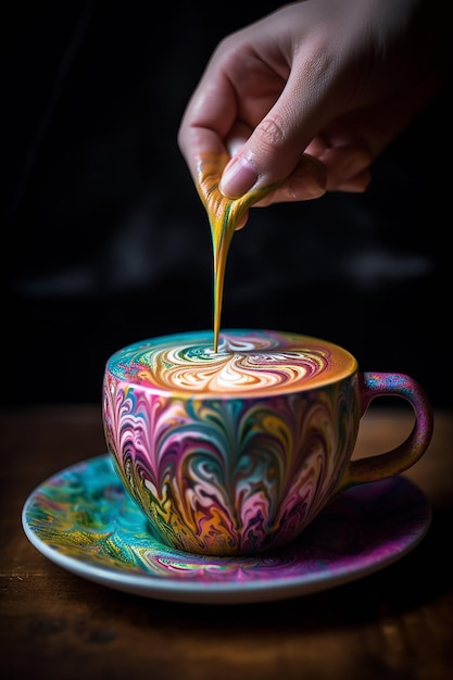 A cup of coffee with a rainbow colored liquid being poured into it.