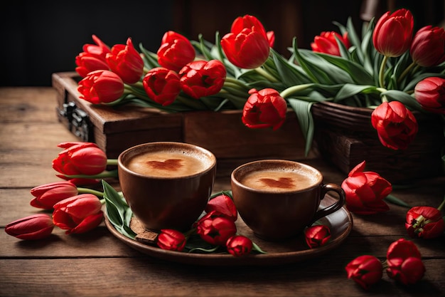 Cup of coffee with red tulips on wooden table ai generative