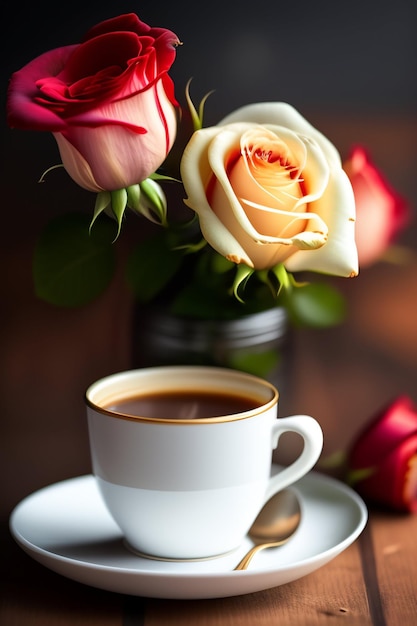 A cup of coffee with roses in the background