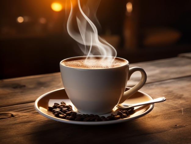 a cup of coffee with a saucer of coffee on a wooden table