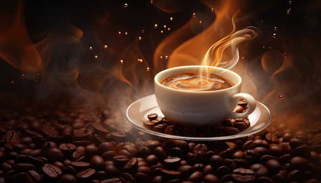 Cup of coffee with smoke and coffee beans on dark background