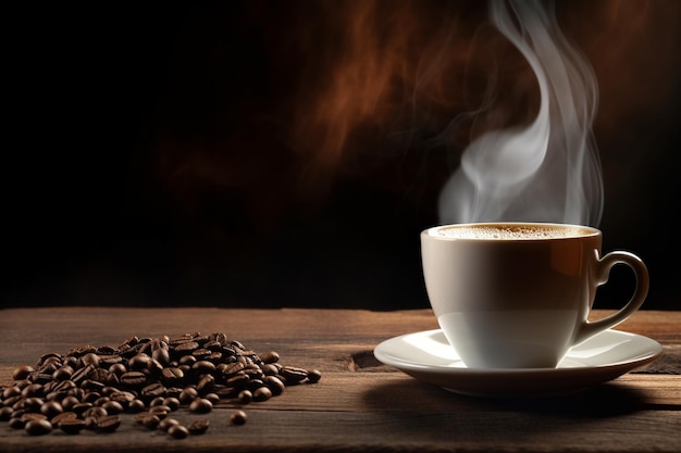 Cup of coffee with smoke and coffee beans on old wooden background