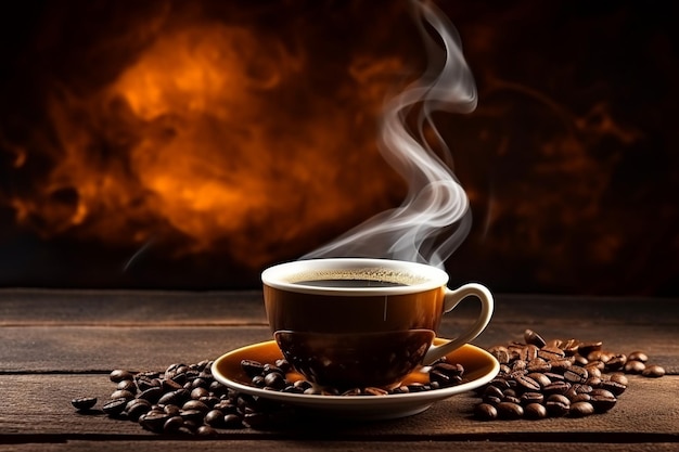 Cup of coffee with smoke and coffee beans on old wooden background