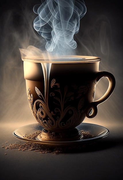 A cup of coffee with smoke coming out of it