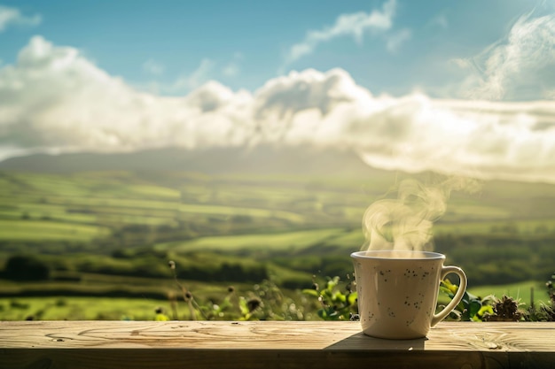 Photo cup of coffee with smoke on wooden table