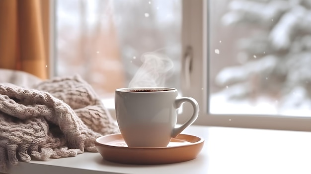 A cup of coffee with a snowflake on the window