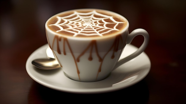 A cup of coffee with a spider web on it