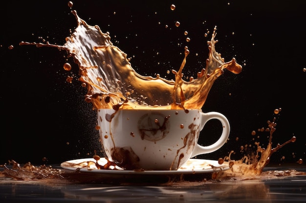 A cup of coffee with a splash of chocolate and a splash of liquid.