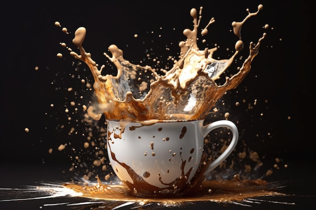 A cup of coffee with a splash of liquid being poured into it.