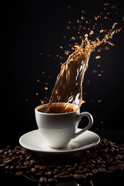 Cup of coffee with splashes flying in the air and coffee beans on black background AI generated