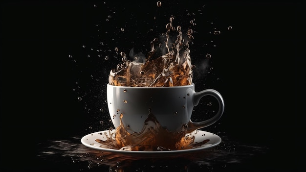 A cup of coffee with splashes of liquid in it