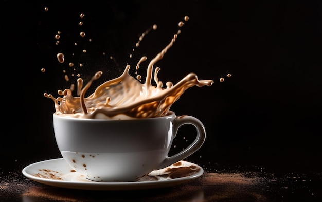 A cup of coffee with splashes of milk and a splash of chocolate.