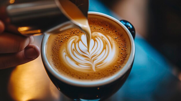 a cup of coffee with a spoon being poured into it