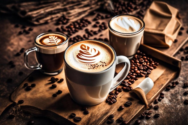 a cup of coffee with a spoon and coffee beans on a table