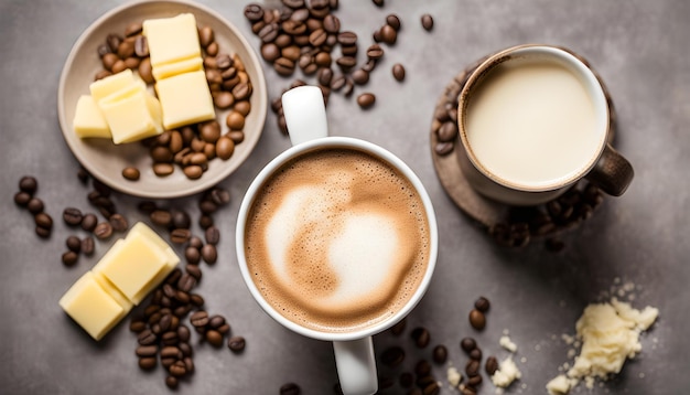 a cup of coffee with a spoon of coffee and coffee beans