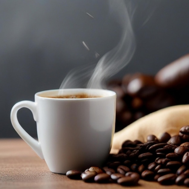 a cup of coffee with a spoon in it and a banana in the background