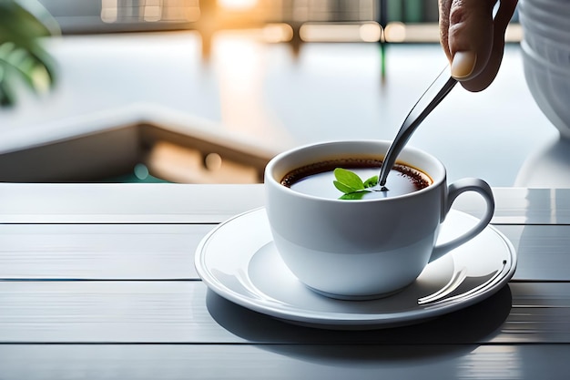 A cup of coffee with a spoon in it