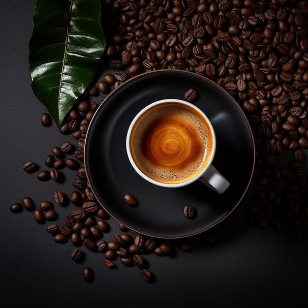 Photo a cup of coffee with a spoon on a saucer with coffee beans