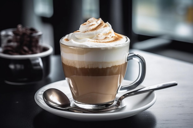 A cup of coffee with a spoon on a table