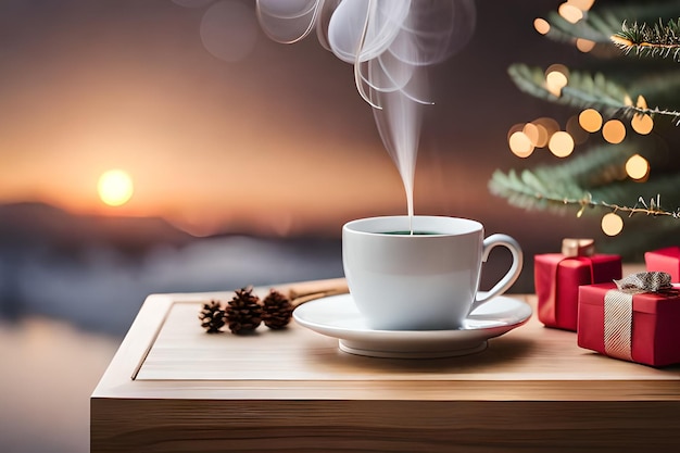 a cup of coffee with steam coming out of it on a table with a christmas tree in the background.