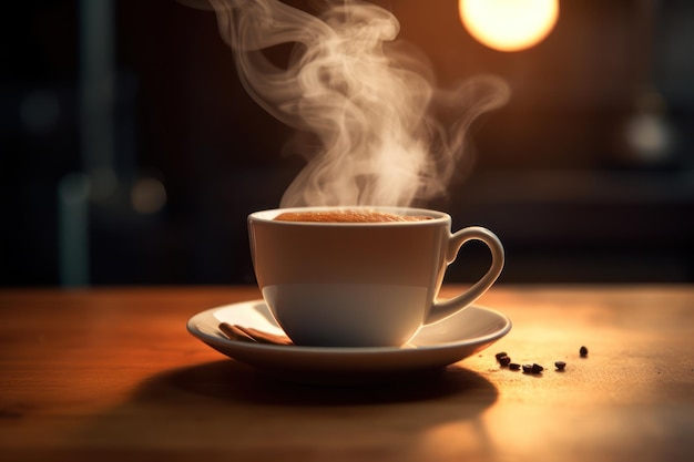 A cup of coffee with steam coming out of it