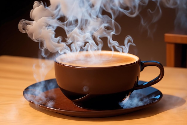 A cup of coffee with steam rising from it