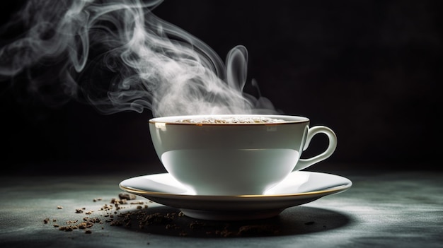 A cup of coffee with steam rising from the top.