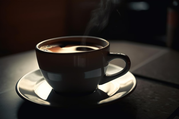 A cup of coffee with steam rising from the top.