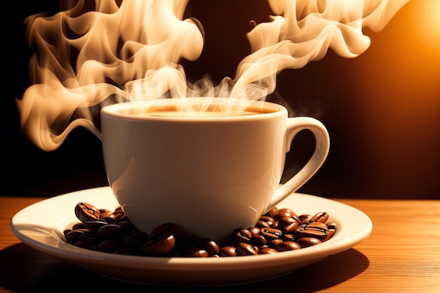 A cup of coffee with steam rising from the top.