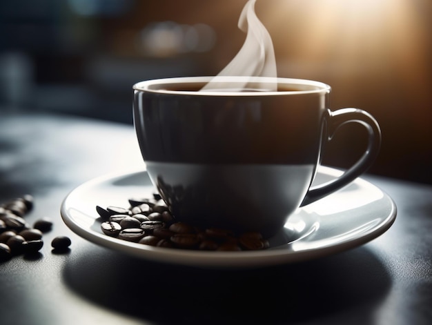 A cup of coffee with steam rising from the top