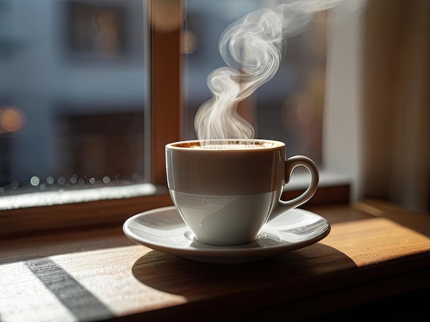 Cup of coffee with steam on the window sill in the morning