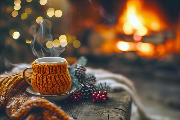 a cup of coffee with a sweater on the background of a fireplace and a fire