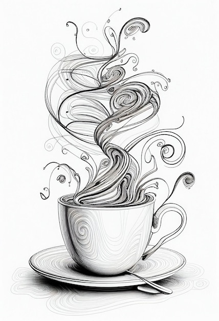 A cup of coffee with a swirly design on the bottom.